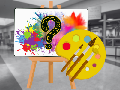 An image showing an art easel with a canvas covered in splats of colors, with a black question mark in the middle