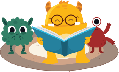 big monster and little monsters reading a book