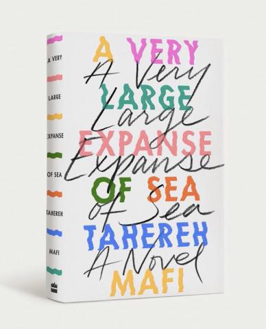 Photo of the book cover which shows the title, A Very Large Expanse of Sea by Tahereh Mafi, in both a black, script font and colorful block font.