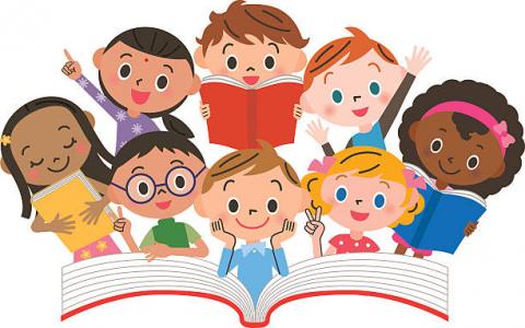Many cheerful children, of different ethnicity and races, looking at a large open book