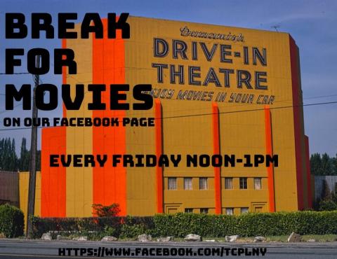 Break for Movies logo featuring image of a drive in movie theatre