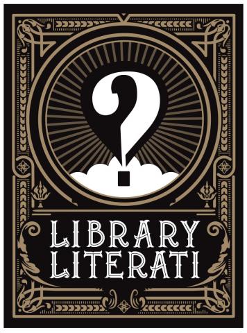 Library Literati logo with white text and question mark against a black and gold background