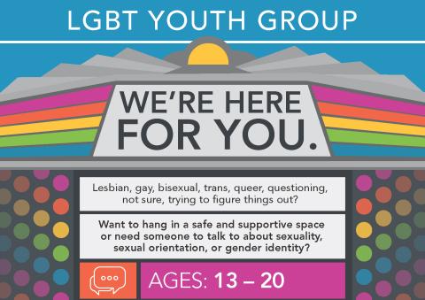 Graphic image showing a rainbow on a blue sky with clouds and sun background. Text says: We're here for you. Lesbian, gay, bi, trans, queer, questioning, not sure, trying to figure things out? Want to hang in a safe and supportive space or need someone to talk about sexuality, sexual orientation, or gender? Ages 13-20.