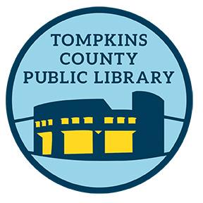 Round Tompkins County Public Library logo with silhouette of the library building in dark blue and yellow on a light blue background.