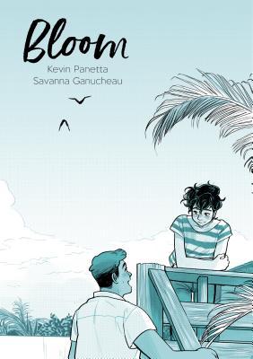 An illustration of two young men talking in the lower right corner with a landscape in the background. The title "Bloom" appears in the upper left corner in a script font.