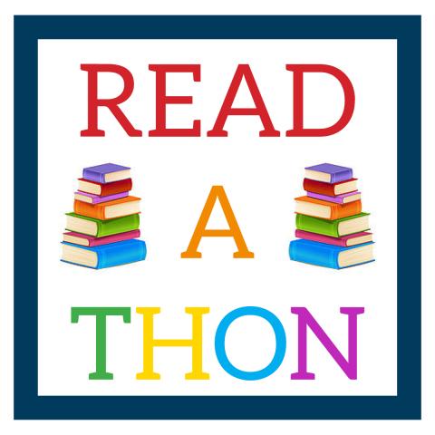 Readathon logo, stacks of colorful books