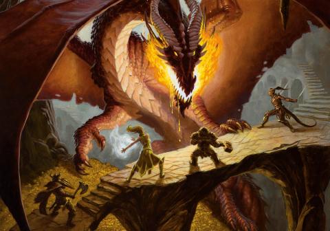 Painting of an orange and gold dragon with its wings in the air, guarding a pile of gold with flames glowing around its mouth. Four small backlit humanoid figures in the foreground appear to be battling the dragon on a stone bridge.