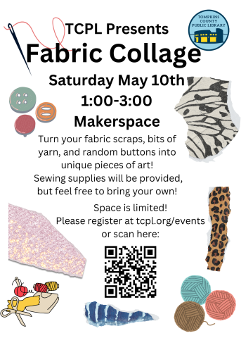 We will be using scraps of fabric, beads, tinsel, yarn, and whatever other bits to create fabric collages. We will be hand-sewing and have a variety of tools available, depending on each participant’s skill level and ability (i.e., various sized needles, needle threaders, needle-point hoops, design templates).
