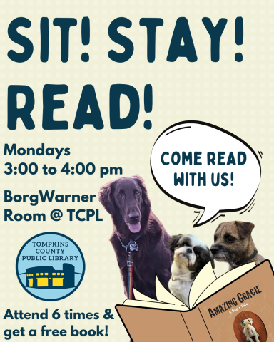 Sign with event details and an illustration of dogs reading a book, with the speech bubble reading "come read with us!"