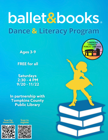 A flyer with basic information about Ballet and Books, with the TCPL logo and an illustration of a dancer and books.