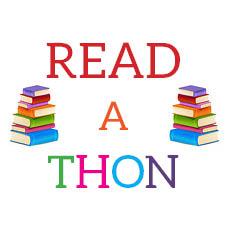 The READATHON logo. It is rainbow text, with stacks of multi-colored books on either side of the text.