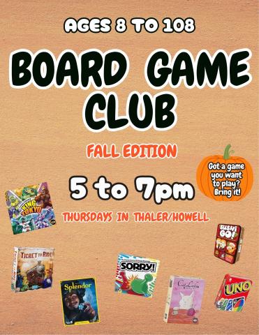 image with small board games around the words Board Game Club