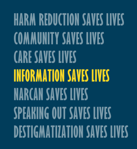 Blue and yellow graphic that states "harm reduction saves lives, community saves lives, care saves lives, information saves lives, narcan saves lives, speaking out saves lives, destigmatization saves lives" Blue and yellow graphic that states "harm reduction saves lives, community saves lives, care saves lives, information saves lives, narcan saves lives, speaking out saves lives, destigmatization saves lives"