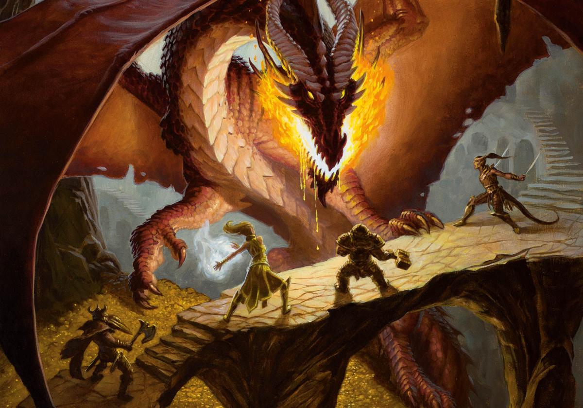 Painting of an orange and gold dragon with its wings in the air, guarding a pile of gold with flames glowing around its mouth. Four small backlit humanoid figures in the foreground appear to be battling the dragon on a stone bridge.