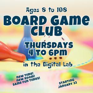 a red and blue board game piece with the words Board Game Club over them