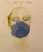 Image of a figure with blue watercolor over their nose and mouth, with the words "feeling blue" above Image of a figure with blue watercolor over their nose and mouth, with the words "feeling blue" above
