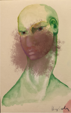 Image of painting of figure with color on face where a mask would be