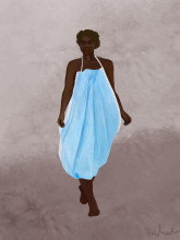 Illustration of figure wearing a blue surgical mask as a dress