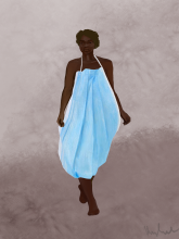 Illustration of figure wearing a blue surgical mask as a dress Illustration of figure wearing a blue surgical mask as a dress