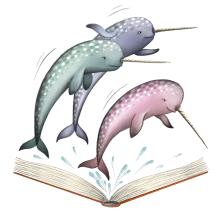 Illustration of narwhals jumping out of a book