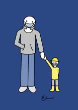Digital illustration of parent and child holding hands and wearing masks