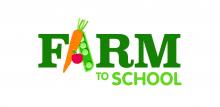 Farm to school logo in green text with the A made of a carrot, peas, and an apple