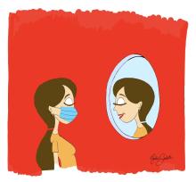 Digital illustration of masked person looking in a mirror and seeing themselves with no mask