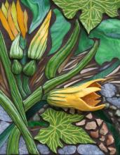 Painting of yellow squash blossoms and green leaves and stems Painting of yellow squash blossoms and green leaves and stems