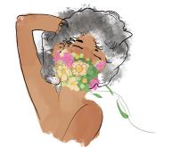 Digital image of figure wearing floral face mask Digital image of figure wearing floral face mask