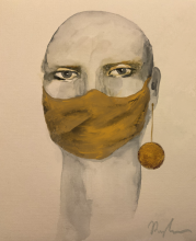Figure wearing gold colored mask with matching gold earring