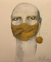 Figure wearing gold colored mask with matching gold earring Figure wearing gold colored mask with matching gold earring