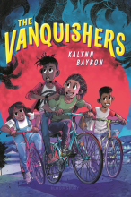 The book cover for The Vanquishers. It shows cartoon illustrations of four children on bikes, with shadows of creature-like claws looming over them in the background. Three of the characters have determined faces, while a fourth looks very concerned about whatever is above and behind them.
