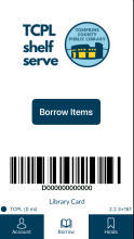 The mobile version of your library card using the TCPL Mobile Checkout App. It displays a barcode as well as the library card number and the patron's name.