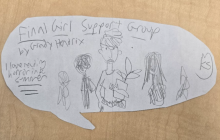 A drawing of several people, with one person in the center holding a plant. Text reads "Final Girl Support Group" by Grady Hendrix. I love reading horror in the summer.