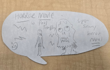 A drawing of a person with a monstrous face who looks scared. Text reads Horror Movie by Paul Tremblay. Super scary horror novel