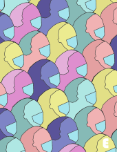 Illustration of purple, pink, green, orange and yellow figures wearing masks Illustration of purple, pink, green, orange and yellow figures wearing masks