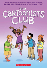 The cover of the book the Cartoonists Club. It has a purple and blue gradient background, with illustrations of four tween-aged children. A child with a big ponytail and purple shirt and shorts is jumping into the air, while holding pencils in their hand. Another character, in a Hawaiian print shirt, is writing in a notepad. A third character, wearing a blue vest, is smiling at the person jumping, while a fourth character clutches a notebook to their chest and looks somewhere off-screen.